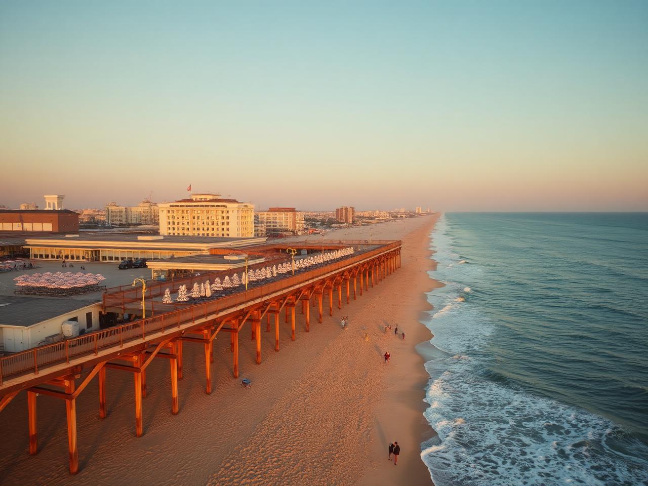 Aerial view of the Seaside Heights boardwalk and Atlantic shoreline at golden hour
